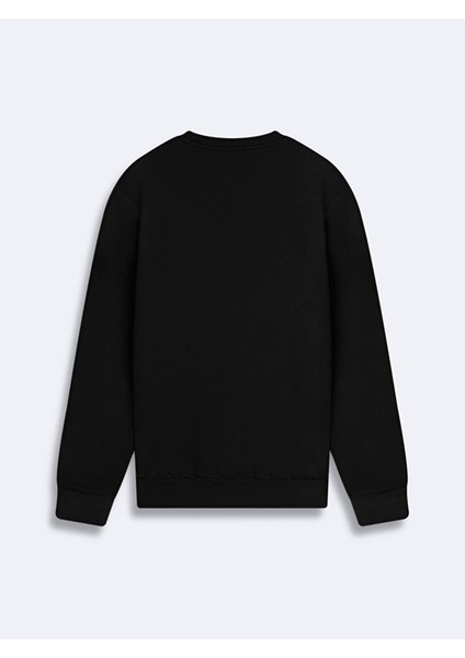 Sloganlı Sıfır Yaka Uzun Kollu Regular Fit Siyah Sweatshırt
