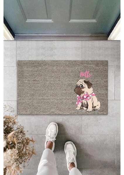 Dijital Baskı Hello Yazılı Fiyonklu Köpek Dekoratif Kapı Paspası K 2070