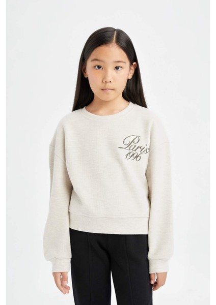 Kız Çocuk Relax Fit Bisiklet Yaka Baskılı Selanik Kumaş Sweatshirt D4786A824WN modelleri