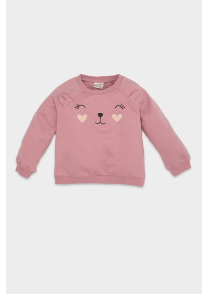 Kız Bebek Bisiklet Yaka Baskılı İçi Yumuşak Tüylü Sweatshirt D7207A524WN