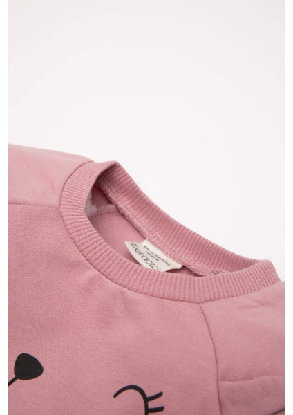 Kız Bebek Bisiklet Yaka Baskılı İçi Yumuşak Tüylü Sweatshirt D7207A524WN