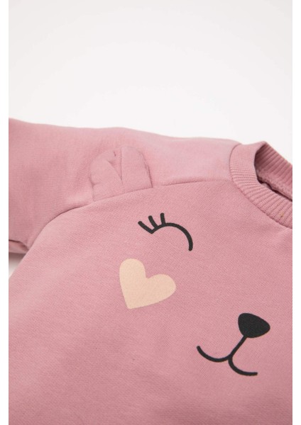 Kız Bebek Bisiklet Yaka Baskılı İçi Yumuşak Tüylü Sweatshirt D7207A524WN