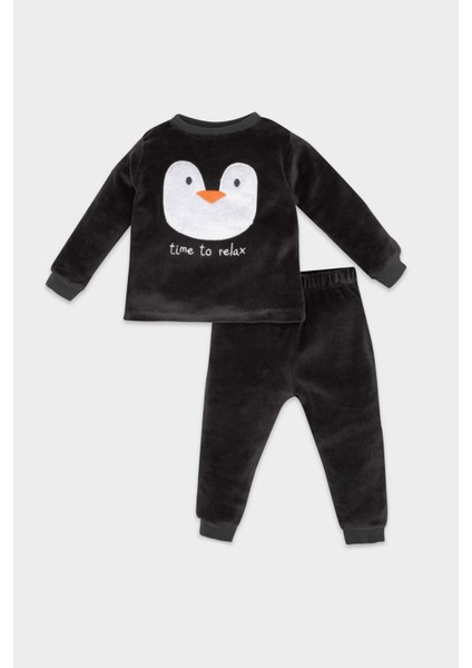Erkek Bebek Pijama Takım Penguen Desenli Velur Uzun Kollu Üst Beli Lastikli Uzun Alt D5358A524WN