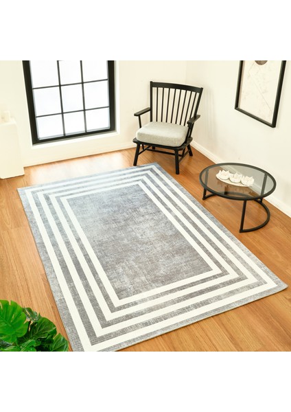 Sare By Frame Gray Yıkanabilir Kaymaz Taban 100X300 cm Salon Mutfak Halısı Yolluk Kilim