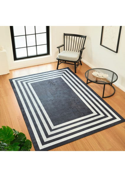 Sare By Frame Black Yıkanabilir Taban 80X150 cm Salon Mutfak Halısı Yolluk Kilim