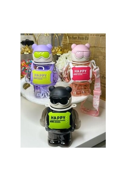 Askılı Robot Su Matarası-Mor-Siyah-Pembe