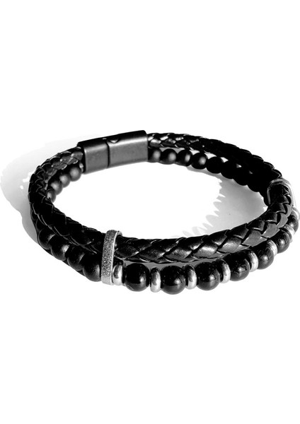 Siyah Deri ve Boncuk Detaylı Şık Bileklik