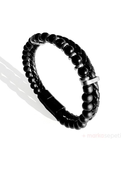 Siyah Deri ve Boncuk Detaylı Şık Bileklik fiyatları