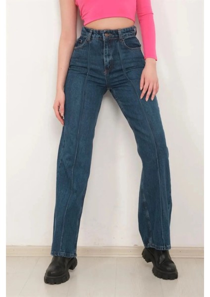 Kız Çocuk Yüksek Bel Geniş Paça Koyu Mavi Kot PANTOLON-PNT-2035