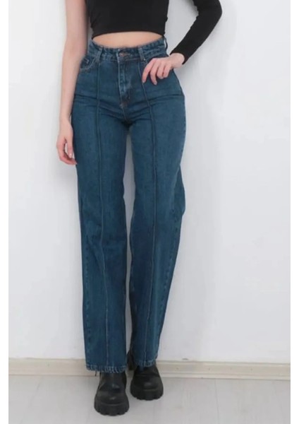 Kız Çocuk Yüksek Bel Geniş Paça Koyu Mavi Kot PANTOLON-PNT-2035 modelleri