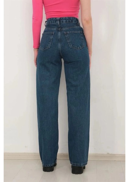 Kız Çocuk Yüksek Bel Geniş Paça Koyu Mavi Kot PANTOLON-PNT-2035 fırsatları