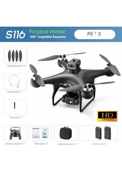 S116 Max Drone Fırçasız Motor 2 Batarya ile 30 Dakika Uçuş 1080P Hd Çift Kamera Engelden Kaçınma Modu
