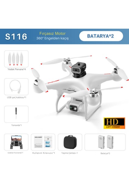 S116 Max Drone Fırçasız Motor 2 Batarya ile 30 Dakika Uçuş 1080P Hd Çift Kamera Engelden Kaçınma Modu