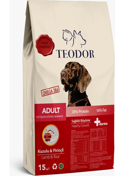 Adult Yüksek Enerjili Kuzu Etli ve Pirinçli %28 Proteinli Yetişkin Köpek Maması 15kg