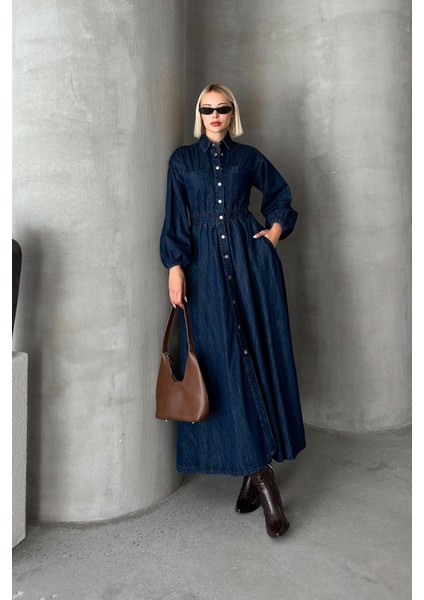 Beli Büzgülü Çıt Çıt Kapamalı Denim Elbise KOYU MAVİ 9249-E
