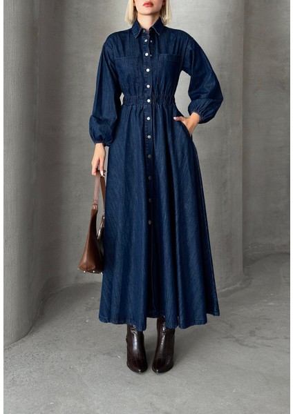 Beli Büzgülü Çıt Çıt Kapamalı Denim Elbise KOYU MAVİ 9249-E fiyatları