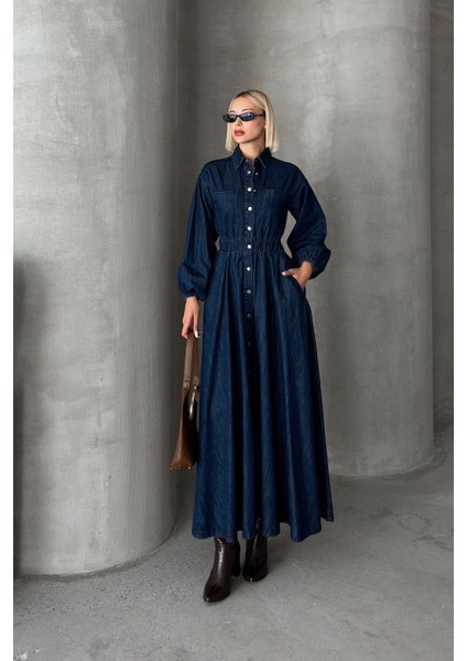 Beli Büzgülü Çıt Çıt Kapamalı Denim Elbise KOYU MAVİ 9249-E modelleri