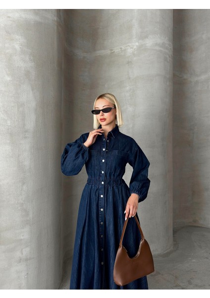 Beli Büzgülü Çıt Çıt Kapamalı Denim Elbise KOYU MAVİ 9249-E fırsatları