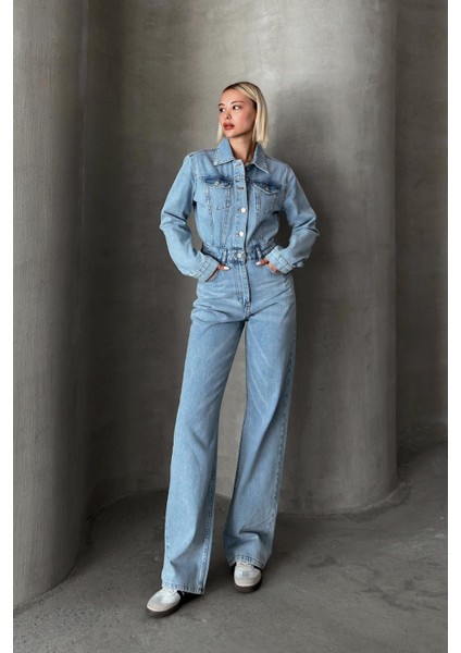 Gömlek Yaka Düğmeli Denim Tulum AÇIK MAVİ 9248