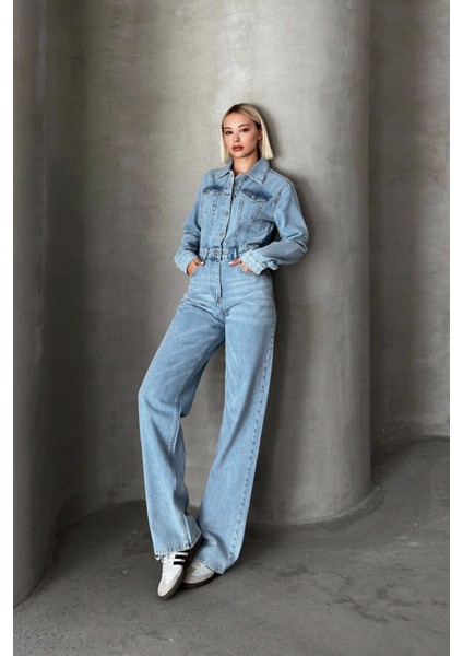 Gömlek Yaka Düğmeli Denim Tulum AÇIK MAVİ 9248 modelleri