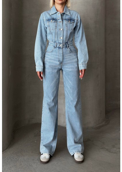 Gömlek Yaka Düğmeli Denim Tulum AÇIK MAVİ 9248 fırsatları