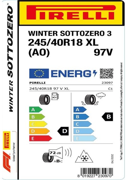 245/40 R18 97V Xl Winter Sottozero Serie 3(Ao) Oto Kış Lastiği (Üretim Yılı: 2024) fiyatları