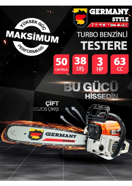 Alman Turbo Benzinli Testere 15 Hpx 63CC Ağaç Odun Dal Kesme Makinesi Hediyeli