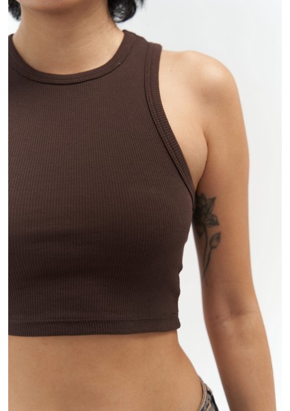 Fleur Fitilli Halter Yaka Kahve Crop fiyatları