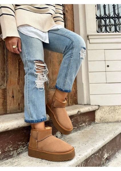 Kadın Mini Taba Süet Yarım Bot Içi Tüylü Düz Taban Bot fiyatları