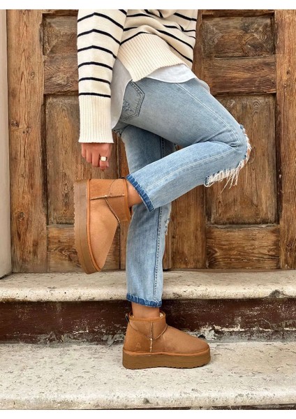 Kadın Mini Taba Süet Yarım Bot Içi Tüylü Düz Taban Bot modelleri