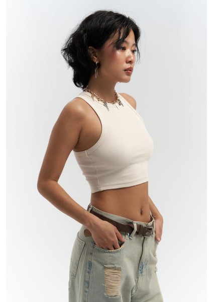 Fleur Fitilli Halter Yaka Bej Crop