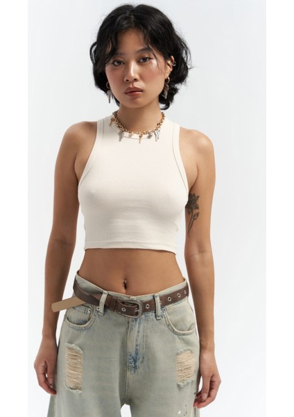Fleur Fitilli Halter Yaka Bej Crop