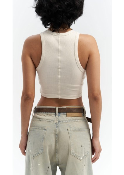 Fleur Fitilli Halter Yaka Bej Crop