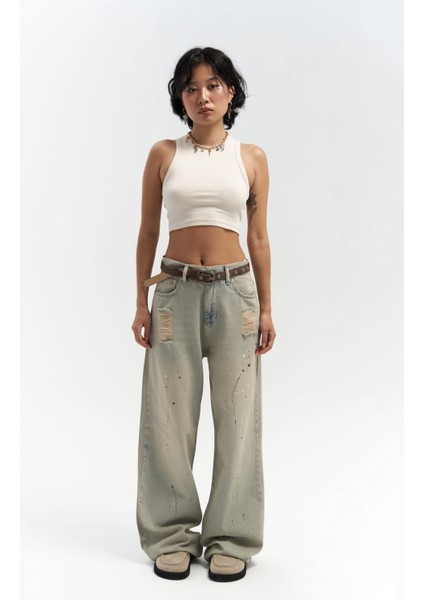 Fleur Fitilli Halter Yaka Bej Crop
