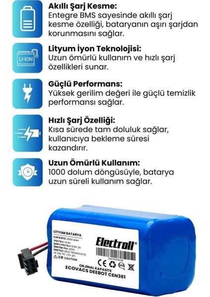 Ecovacs Deebot CEN361 Uyumlu Batarya (Orjinal Kapasite) 2600MAH Pil Robot Süpürge Batarya Değişimi fiyatları