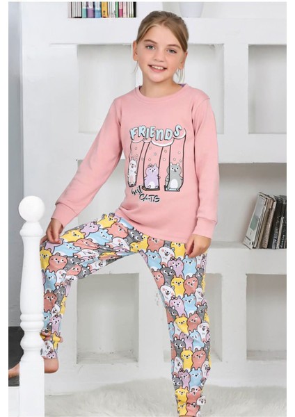 Frıends Kedi Kız Çocuk Pijama takımı - Gül Kurusu