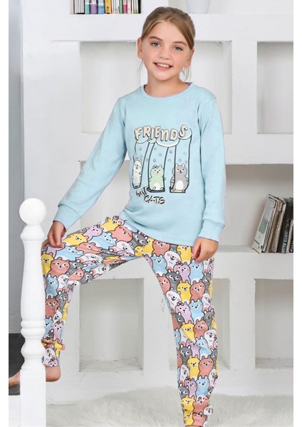 Frıends Kedi Kız Çocuk Pijama takımı - Mavi