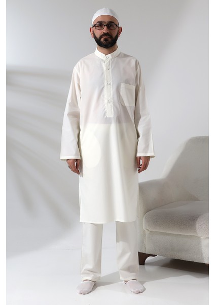 Erkek Hac ve Umre Kıyafeti Ikili Alt Üst Afgan Takım Beyaz