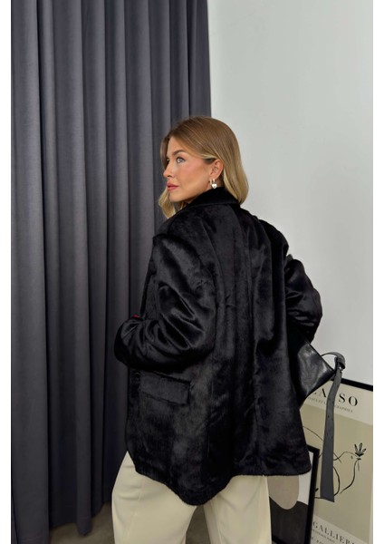 Siyah Astarlı Düğmeli Kürk Dokulu Peluş Ceket indirimleri