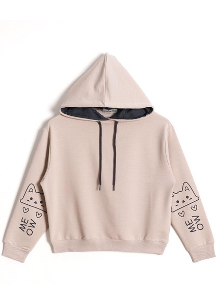 Kapüşonlu Uzun Kol Taş Renk Kız Çocuk Sweatshirt