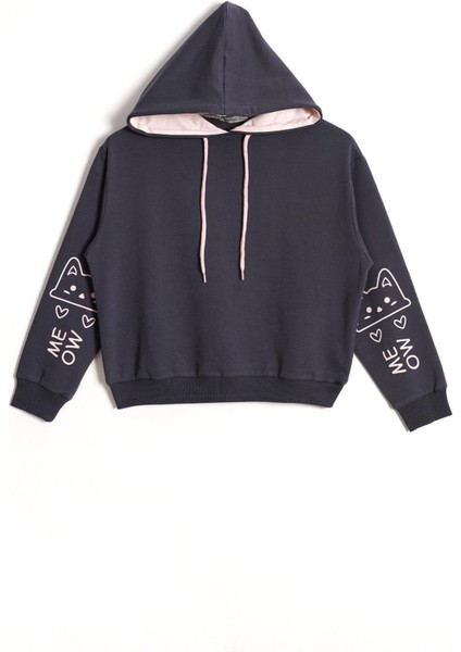 Kapüşonlu Uzun Kol Füme Renk Kız Çocuk Sweatshirt