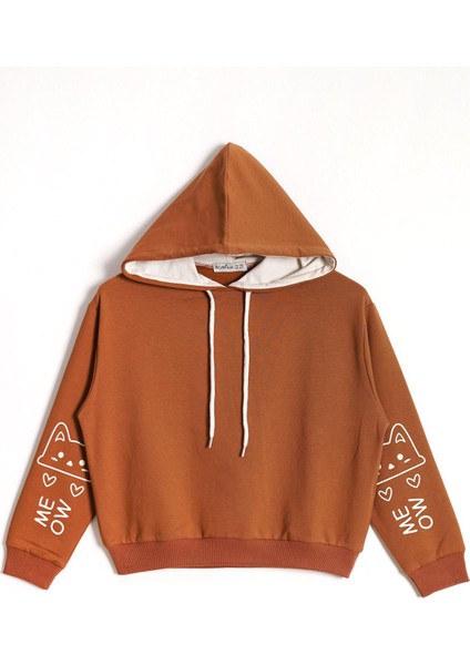 Kapüşonlu Uzun Kol Kahverengi Renk Kız Çocuk Sweatshirt