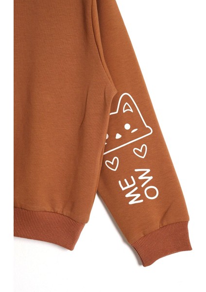 Kapüşonlu Uzun Kol Kahverengi Renk Kız Çocuk Sweatshirt