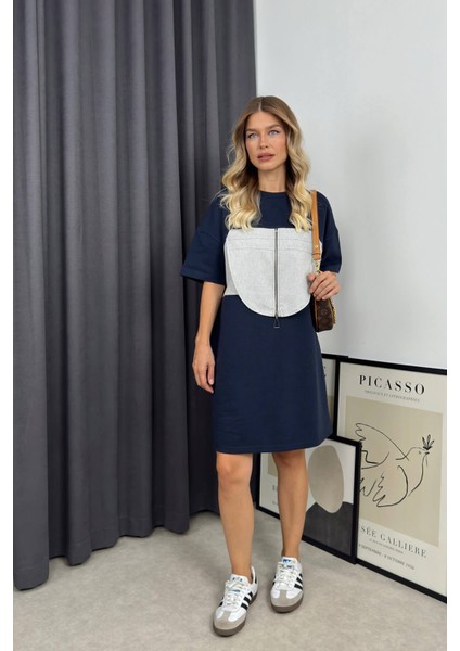 Lacivert Gri Geometrik Kesim Elbise