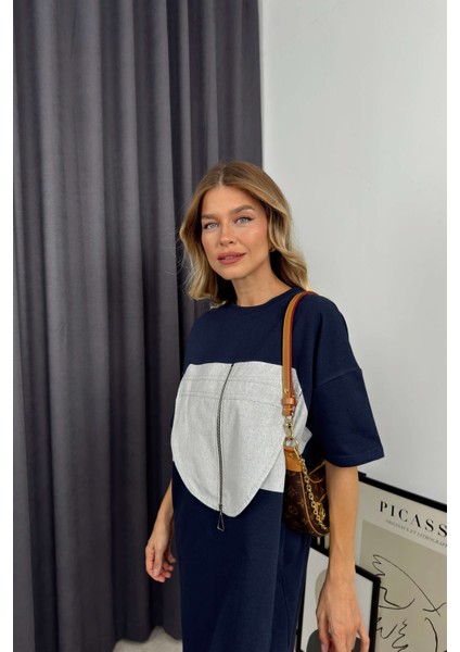 Lacivert Gri Geometrik Kesim Elbise fiyatları