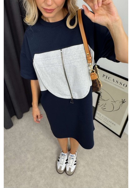 Lacivert Gri Geometrik Kesim Elbise fırsatları