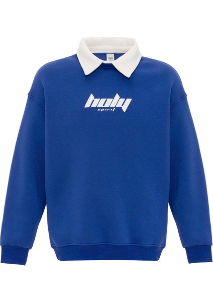 Polo Yaka Oversıze Baskılı Sweatshırt Saks