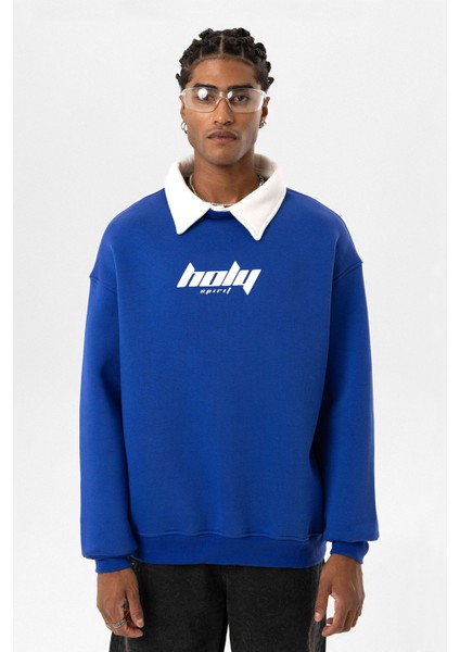 Polo Yaka Oversıze Baskılı Sweatshırt Saks