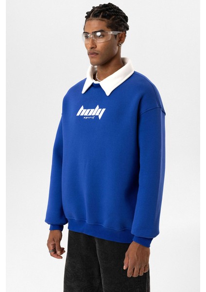 Polo Yaka Oversıze Baskılı Sweatshırt Saks
