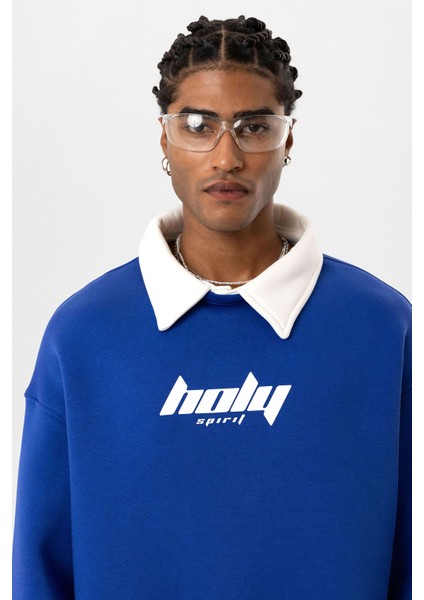 Polo Yaka Oversıze Baskılı Sweatshırt Saks